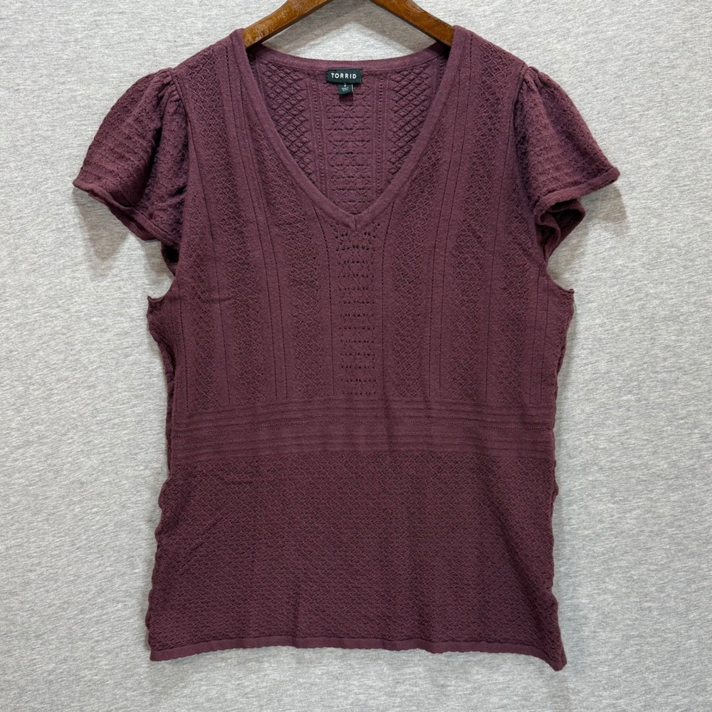 Torrid Sweater Top Womens 2 Plum Purple Pointelle V-Neck Cottagecore